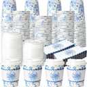 48 Sets Floral Paper Coffee Cups with Lids and Sleeves 8oz Vintage Flower Disposable Drinking Cups Bulk for Birthday Wedding Bridal Shower Tea Party Supplies (Blue)