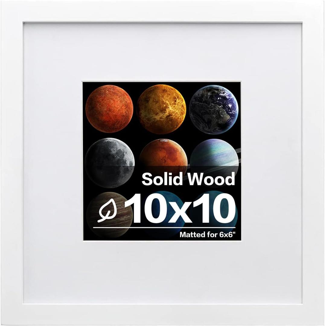 Egofine 10x10 Picture Frame White,Made of Solid Wood with HD Plexiglass for Pictures 6x6 with Mat or 10x10 without Mat, Tabletop and Wall Mounting Display