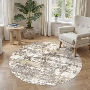 5ft Round Area Rugs for Living Room: 5x5 Abstract Washable Rug Modern Large Soft Stain Resistant Non-Slip Backing Machine Table for Bedroom Dining Room Indoor Home Office Carpet - Gold Brown
