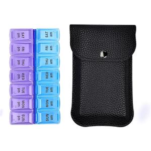 VOFOON Travel Pill Organizer 2 Times a Day, PU Leather Portable Pill Case for Women/Men, 7 Day AM PM Pill Box with Travel Pouch Medicine Organizer for Vitamins Medicine Fish Oils Supplements (Small)