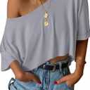 SOFIA'S CHOICE Women's Off Shoulder Crop Tops Loose Boat Neck Short Sleeve T Shirt Silver Gray (XL)