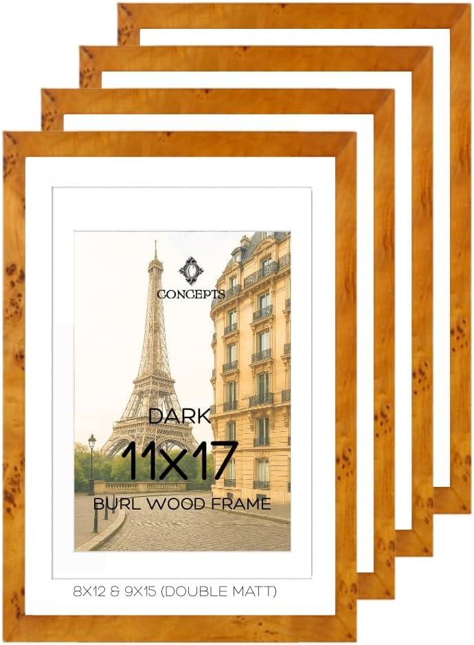 Concepts Set of 4 11x17 Burl Wood Picture Frames with Double Matted (8X12/9X15), Dark Wood Finish, Eco-Friendly Packaging  Elegant Wallhung Decor for Family Photos