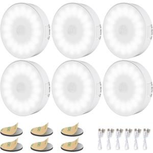 6 Pack Motion Sensor Light Indoor [Upgraded 14 LEDs], USB Rechargeable Night Light, Long Last Battery & 3 Light Modes, Wireless Magnetic Nightlight for Closet, Stairs, Hallway - Cold White