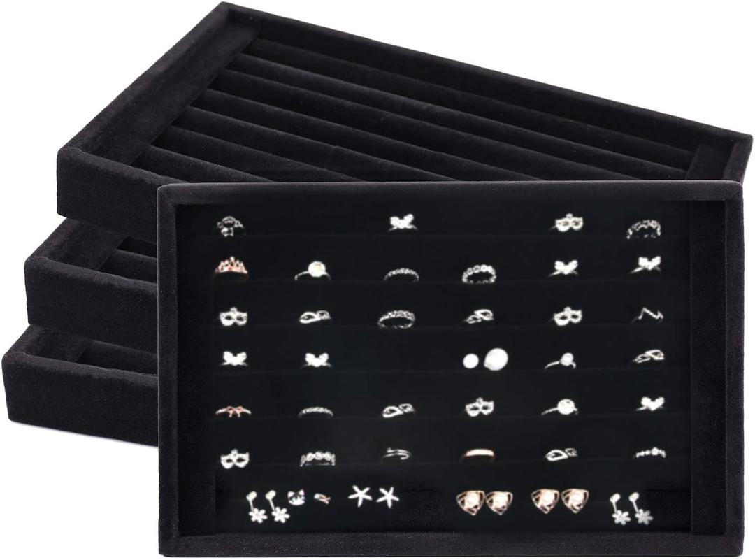 4 Pack Velvet 7 Slots Ring Earrings Showcase Trays Holder Drawer Insert Jewelry Display Organizer