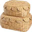 LUSYDECO Set of 2 Wicker Storage Baskets with Lid, Rattan Basket Decorative Boxes, Woven Storage Box Hyacinth Basket with Lids, Small Scalloped Edge Wicker Baskets with Lids