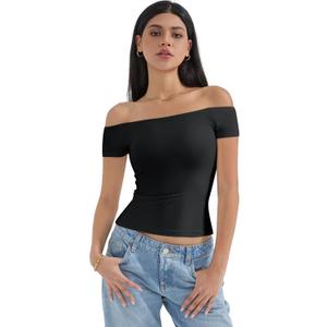 SUUKSESS Women Double Lined Off The Shoulder Tops Fitted Going Out Basic Shirts (Large, Jet Black)