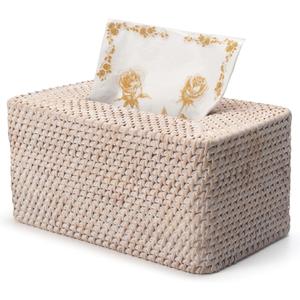 YANGQIHOME Rattan Tissue Box Cover, Rectangle Wicker Tissue Box Holder, Boho Facial Tissue Holder for Living Room, Bathroom, Kitchen, Bedroom, 10.2 x 6.2 x 5.3 inch, Whitewash