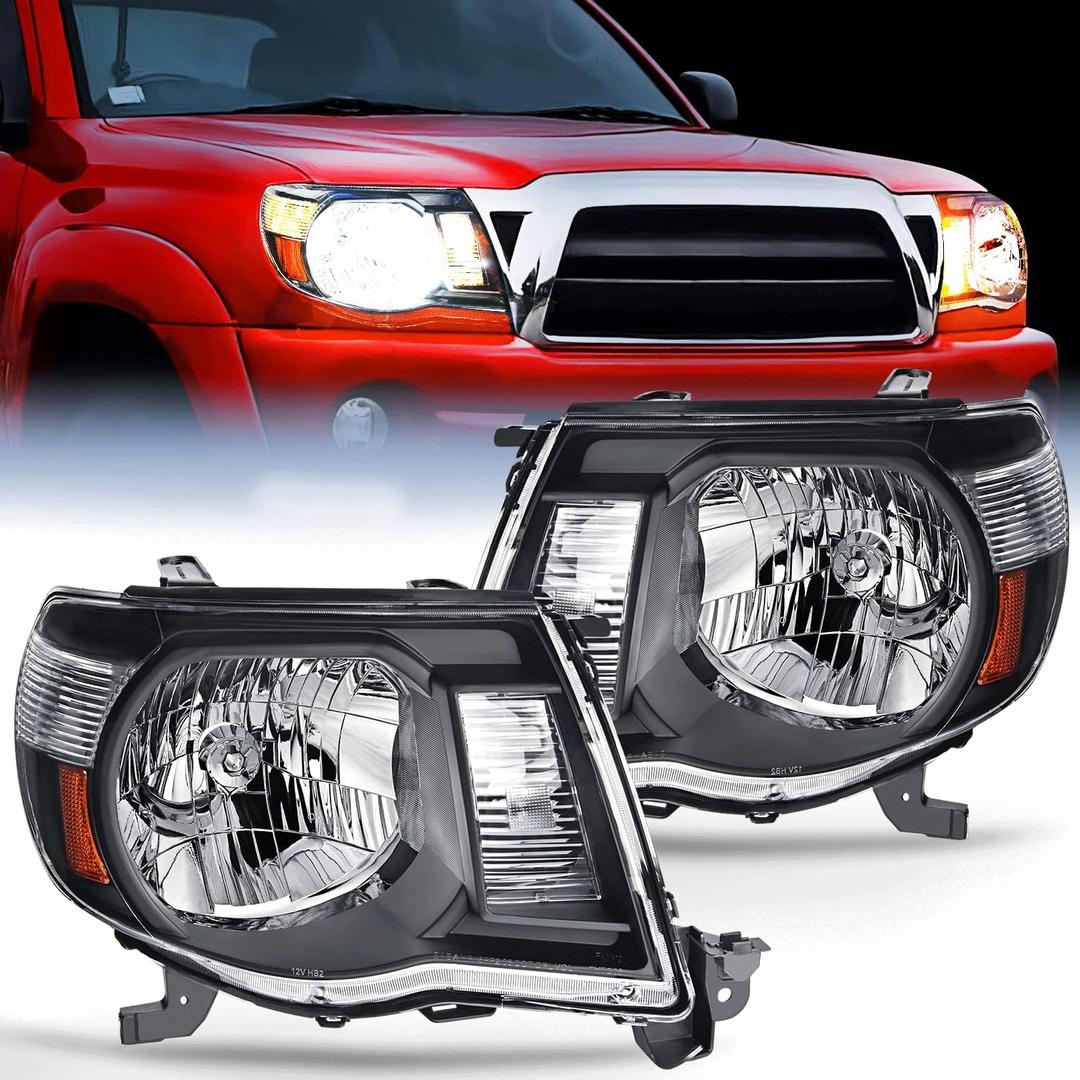 Nilight Headlight Assembly for 2005 2006 2007 2008 2009 2010 2011 Toyota Tacoma Replacement Headlamp Black Housing Amber Reflector