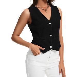 Womens Denim Vest Sleeveless V Neck Button Down Jean Jacket Y2K Summer Crop Tops (Medium, Black)