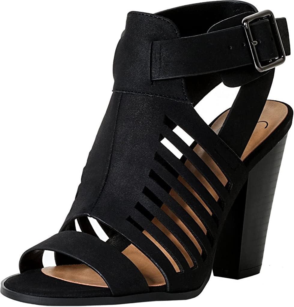 Soda Yummy ~ Gladiator Cutout Stacked Heel Sandal Shoes with Adjustable Ankle Buckle (Size 9, Black)