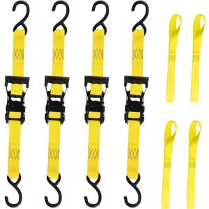 Ratchet Tie Down Straps, 1.5 inch x 12ft, 4400 LBS Break Strength for ATV, UTV, Motorcycle, Pickup Truck, Trailer, Rubber Coatded S-Hook and Soft Loop-4 Pack (Yellow)