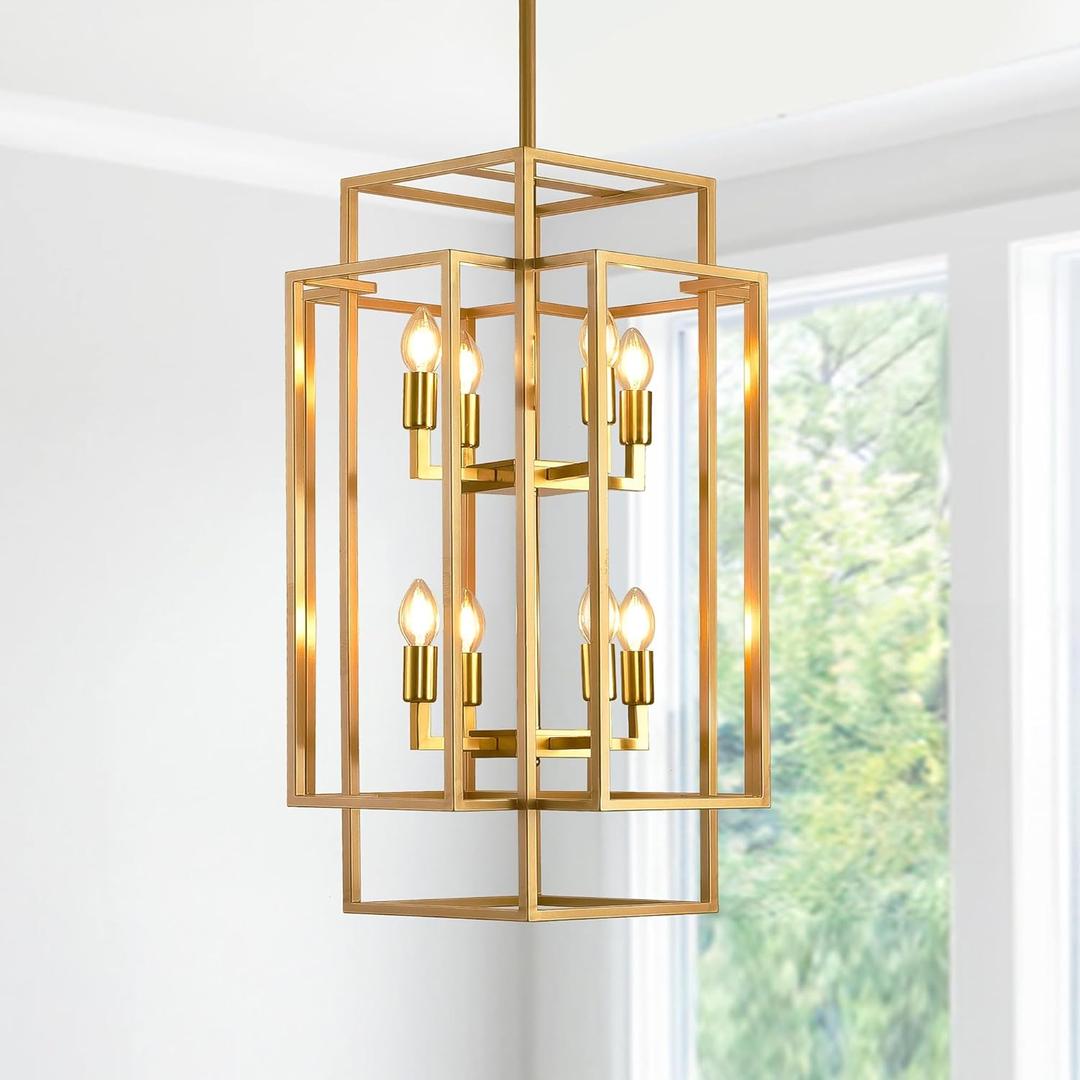 Gold Foyer Chandelier High Ceiling: Modern 8-Light Farmhouse Lantern Chandeliers for Entryway, 31.5" Industrial Large Rectangle Pendant Light Fixtures for Entry, Staircase, Hallway, Kitchen Island