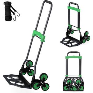 Heavy-Duty 330LB Capacity Hand Truck with Stair-Climbing Wheels & One-Touch Retractable Handle - Q235 Steel Collapsible Dolly Cart, 4.2-Inch Triple Wheels, Elastic Strap & Sponge Grip (Green)