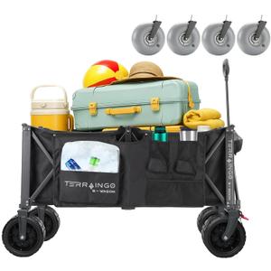 Foldable Beach Wagon Cart- Interchangeable All Terrain Wheels- 12" Beach Wheels Optional- Patent Pending- Gardening, Fishing, Shopping-Built-in Insulated Cooler Pouch, More Storage Pockets, Cupholders