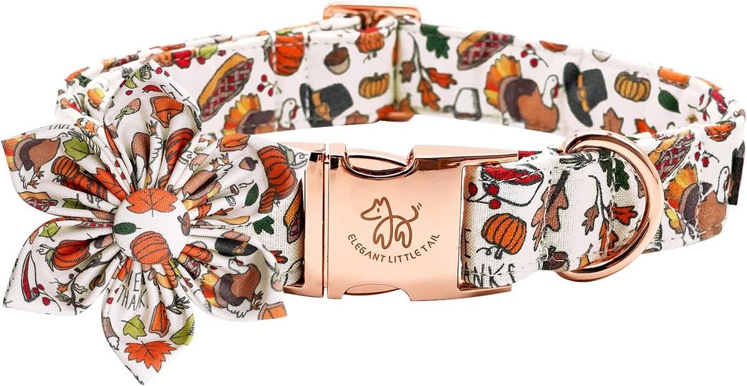 Elegant Little Tail Flower Dog Collar for Small Dogs (Small (Pack of 1), Pumpkin with Turkey)