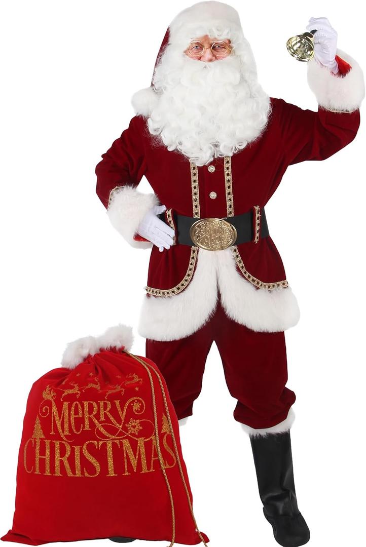 Santa Claus Costume for Men Deluxe Christmas Santa Suit 11pcs Red Adult Professional Xmas Cosplay Party Holiday Outfit (Large)