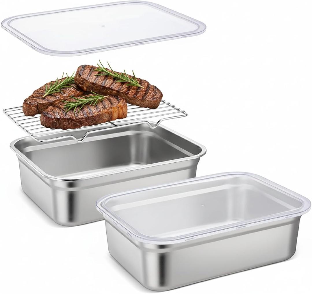 Teenyyou Stainless Steel Food Container with Lid Rack Roasting Baking Pan Cake Pan with Lid and Rack Half Size Summer Hotel Fruit Storage Container for Freezer Kitchen Restaurant, 32 x 26 cm(3.9 Inch)