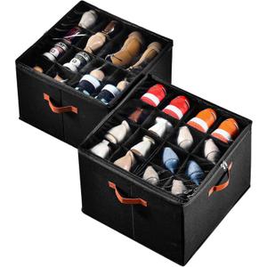 2 Pack Shoe Organizer for Closet, Fits up to 32 Pairs, Adjustable Dividers for Shoe Storage, Space-Saving Shoe Bins and Clear Top, Black