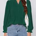 Womens Puff Long Sleeve Tops Henley V Neck Pleated Button Down Shirts Tunic Dress Blouses Business Casual Outfits (Green, S)