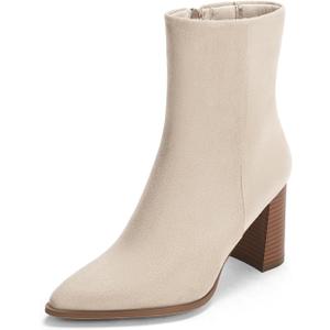 Coutgo Women's Ankle Boots Pointed Toe Chunky Stacked Heel Side Zipper Dress Fall Booties Shoes (Beige, 9.5)