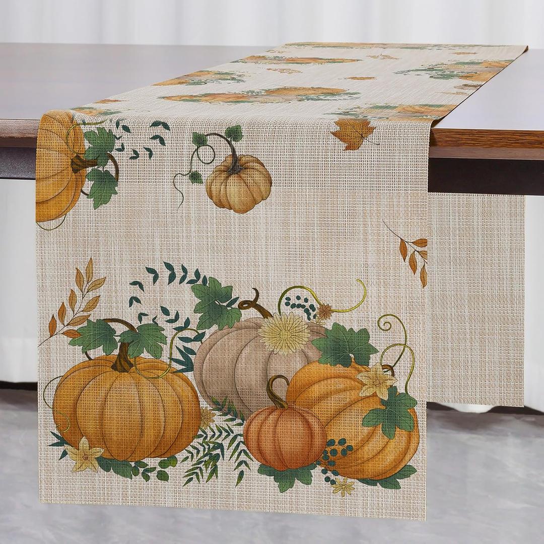Banchif Thanksgiving Table Runner Fall Pumpkin Maple Leaves Table Runner Washable Non-Slip Heatproof Woven Seasonal Dining Table Decoration 12 x 55 Inch (Light Yellow4)