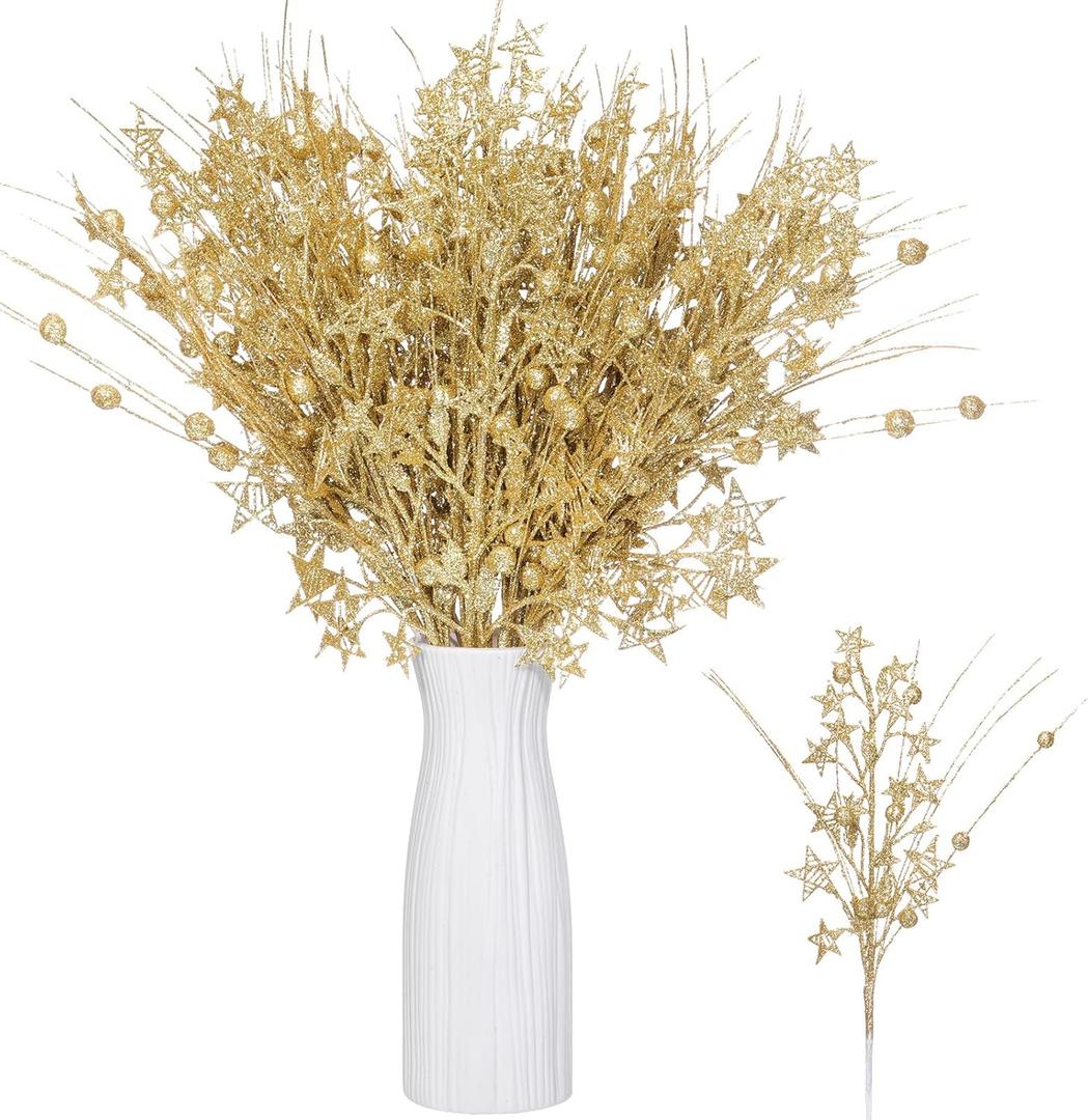 24 Pcs Artificial Christmas Berry Stem Picks Star Picks Faux Floral Berry Spray Branches Christmas Table Centerpiece Home Office Vase Filler Decoration (Gold)