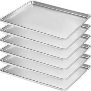 Full Size Commercial Quality Baking Sheet Pan, Bastwe Aluminum Cookie Tray Pan for Oven, Freezer, Bakery, Hotel Restaurant, Thick Steel Rim Prevents Warping (6 Pack, 26 x 18 Inch), 6pk Full Size Sheet