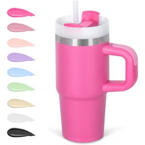 Cosictic 14 Oz Tumbler with Handle and Straw for Kids, Stainless Steel Double Wall Vacuum Insulated Cup for Children, 14 Oz Cups for Kids (Hot Pink)