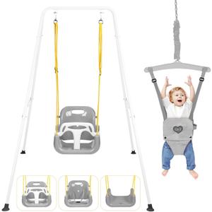 4-in-1 Toddler Swing Set & Baby Jumper and Bouncer for Toddlers, Foldable Baby Swing Stand for Outdoor Indoor Play, Easy to Assemble and Store for Ages 6 Months to 10 Years Old (White)