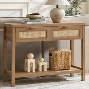 SICOTAS Rattan Console Table with Drawers, Boho Entryway Table Sofa Table, 1 Piece