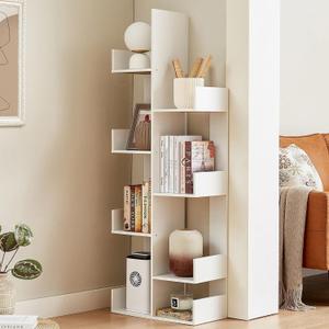 VECELO 8-Tier Tall Cactus-Shaped Tree Bookshelf, Vertical Bookcase with Waterproof Shelves & Rounded Corners, Modern Display Rack for Small Spaces in Living Room, Office, Bedroom, Ivory White