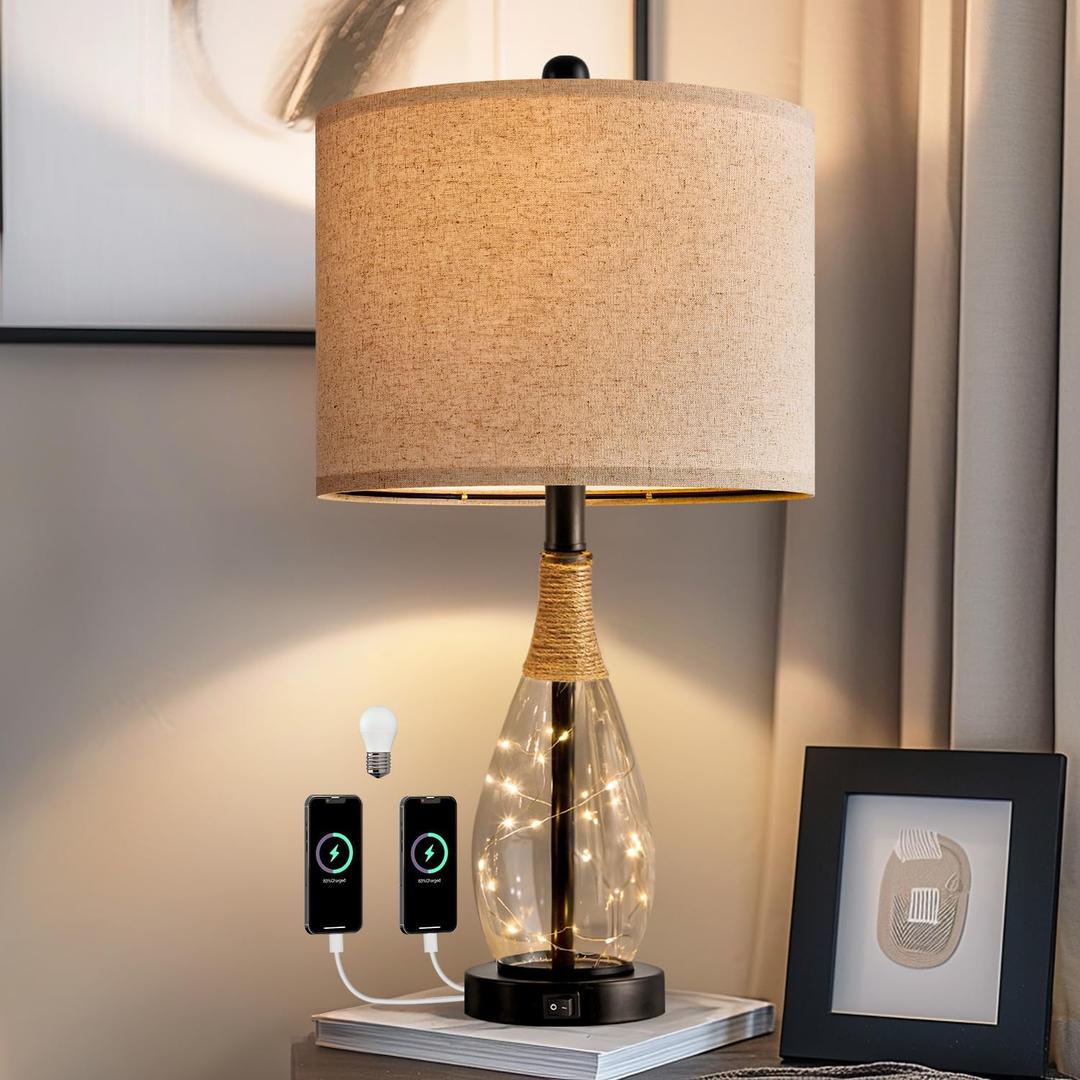 OYEARS Bedside Table Lamp with USB, 23 Black Modern Nightstand Lamps for Bedroom, Retro Rattan Table Lamps for Night Stands, Living Room, Farmhouse Table Lamp with Glass Nightlight Lamps