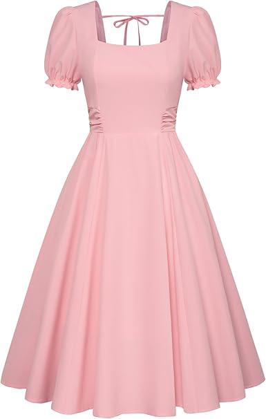 Belle Poque Vintage Dress for Women 1950s Cottagecore Cocktail Dresses Square Neck Puff Sleeve Dress with Pockets, Size XL, Pink