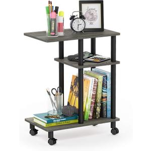 Furinno Turn-N-Tube C Shaped Side Table with Casters, French Oak Grey/Black, C-shape Plastic Pole With Caster