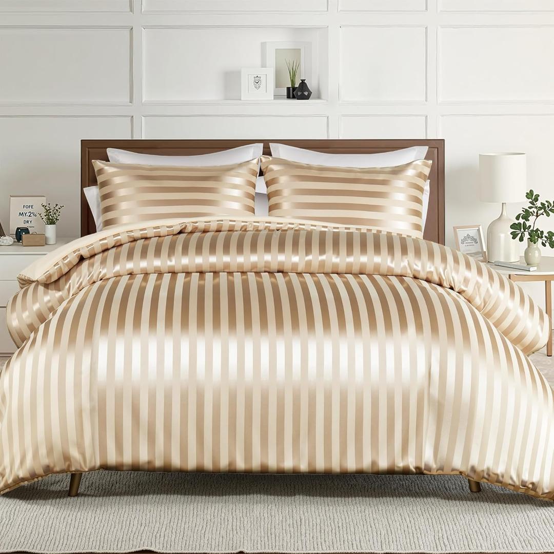 Whale Flotilla 3-Piece Reversible Silky Soft King Size Comforter Set, Luxury Stripe Satin Oversized Comforter Bedding Set with 2 Satin Pillowcases, Lightweight Duvet for All Seasons, Champagne
