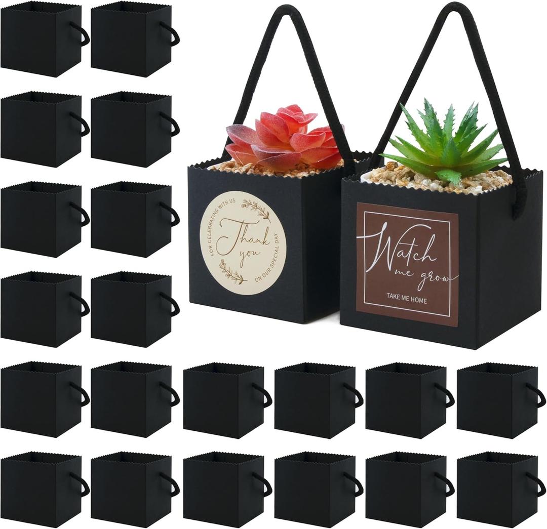 Temlum 2.5 Inch Succulent Wrap Bags (Fits 2.5 Pots) with Thank You & Watch Me Grow Stickers, Small Succulent Gift Box for Wedding, Baby Shower, Succulent Party Favors for Guests (Black 40pcs)