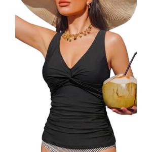 Women Underwire Tankini Top Only - Tummy Control Bathing Suit Top Twist Front Swim Top Criss Cross Back Swimsuit 2025 (Black, XXL)