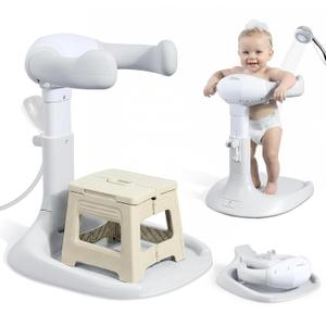 Orzbow Baby Shower Stand, Collapsible Baby Bath Stand with Foldable Chair, Adjustable Height Toddler Shower Standing Support for Infant 6-36 Months, Anti-Slip Base, Easy-Use, Gray
