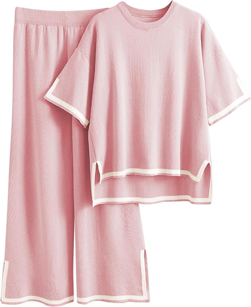 Faleave Womens Knit 2 Piece Sweater Sets Short Sleeve Pullover Tops Elastic Waist Wide Leg Pants Lounge Set(Pink-XS)