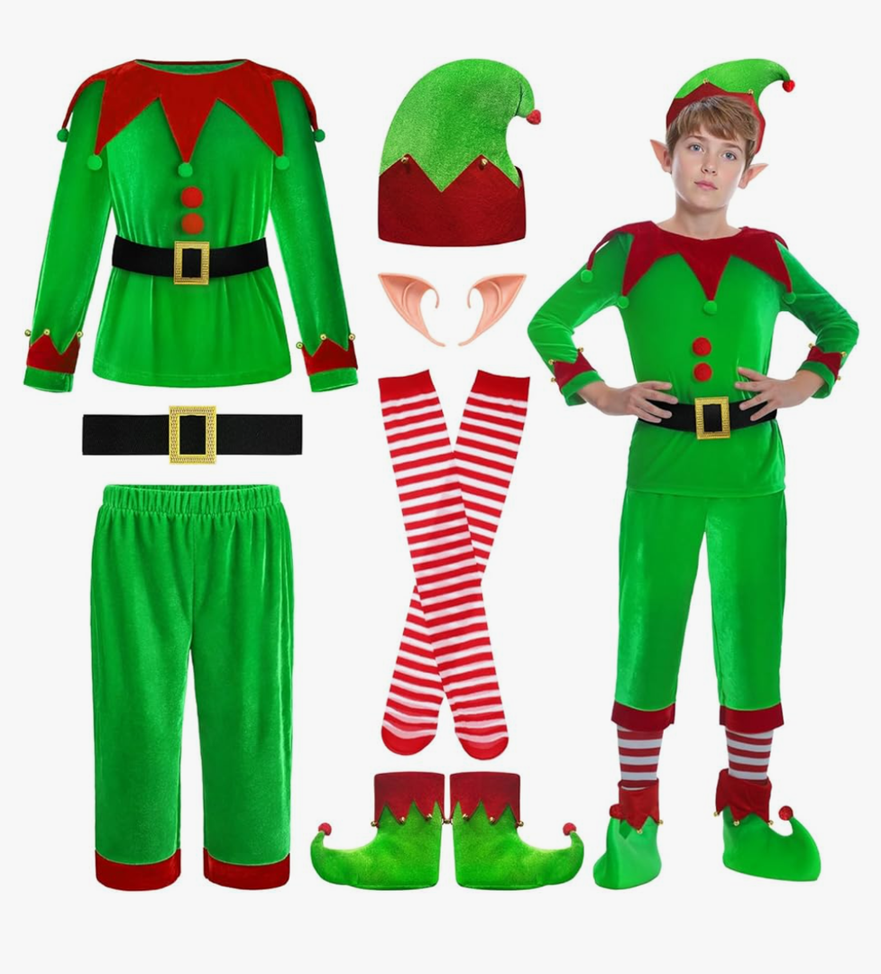 Christmas Elf Costume for Boys - 6PCS Santa's Helper Costume - Velvet Elf Outfit Set for Kids Christmas Party, Sma