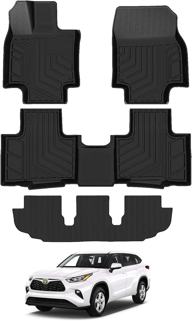 T TGBROS Floor Mats for 2020-2023 2024 2025 Toyota Highlander Accessories (W/2nd Row Bench or Bucket Seats w/Center Console) All Weather Floor Liners 3 Row Set TPE Non-Slip Black