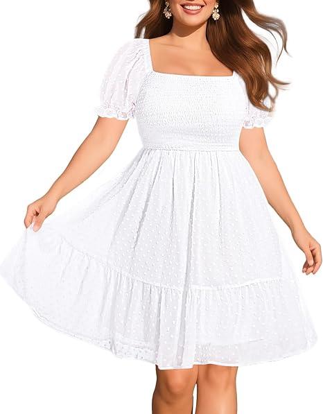 Women Plus Size Square Neck Puff Sleeve Babydoll Summer Chiffon Swiss Dot Flowy Short Smocked Dress, White(short Sleeve), 19 Plus 