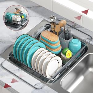 Dish Drying Rack - Stainless Steel Dish Rack with Drainboard for Kitchen Counter and Sink, 15.8" D x 12" W x 5" H, Grey