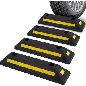 Pyle Curb Garage Vehicle Floor Safety Heavy Duty Rubber Parking Lot Driveway Stopper, for Car Vans Trucks Tire Wheel Guide Block Protect Bumper, 4 Pack PCRSTP11X4, Multicolored