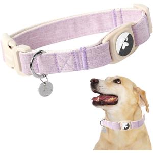 DOGWONG Airtag Cotton Hemp Dog Collar, Heavy-Duty Dog Collar with Airtag Holder Purple Collars Natural Fabric Cute Puppy Necklace for Dogs Size: Small