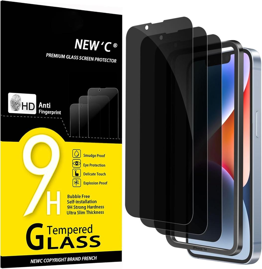 NEW'C 3 Pack Privacy for iPhone 14, 13, 13 Pro Screen Protector (6.1 inches), Anti-Spy Tempered Glass Film, Balanced 28-Degree Privacy Angle - Easy installation tool included