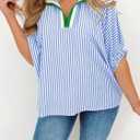 Samefar Womens Short Dolman Sleeve Tops Striped V Neck Summer Casual Loose Fit Blouses Business Tee Shirts Dressy (XL)