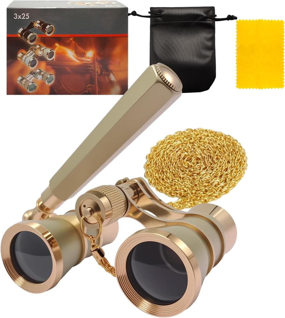 3X25 Opera Glasses Theater Binoculars with Adjustable Handle & Chain, Small Elegant Glasses for Adults Women Vintage Portable Costume Binoculars for Musical Concerts Cinema (Gold)