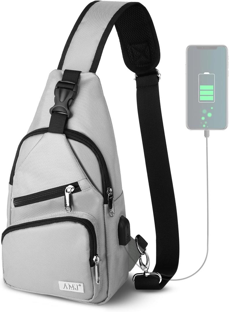 AMJ Crossbody Sling Bag Men Women, Casual Shoulder Backpack, Chest Daypack Satchel for Hiking Travel (Small, White Gray)