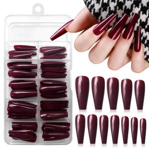 120pc Coffin Press on Nails Medium Length Colored Long Ballerina Fake Nails Full Cover Acrylic Tips False Artificial Fingernails Deep Burgundy Medium Coffin Presson Nails for Women Girls